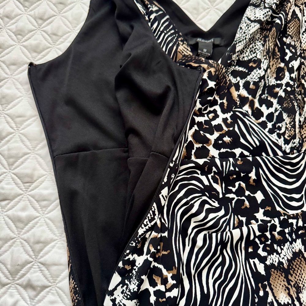 Alfani Animal Print V-Neck Sleeveless Midi Dress Black White Tan Size 12 - Picture 10 of 11